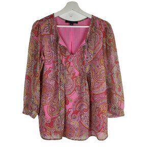 Tommy Hilfiger S Pink Paisley V-neck‎ blouse 3/4 sleeves Retro Colorful